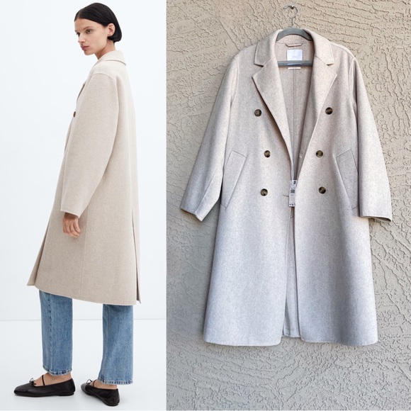MANGO Oatmeal Neutral Cream Oversized Wool Coat Double Breasted Wool Trench Coat - Picture 4 of 17